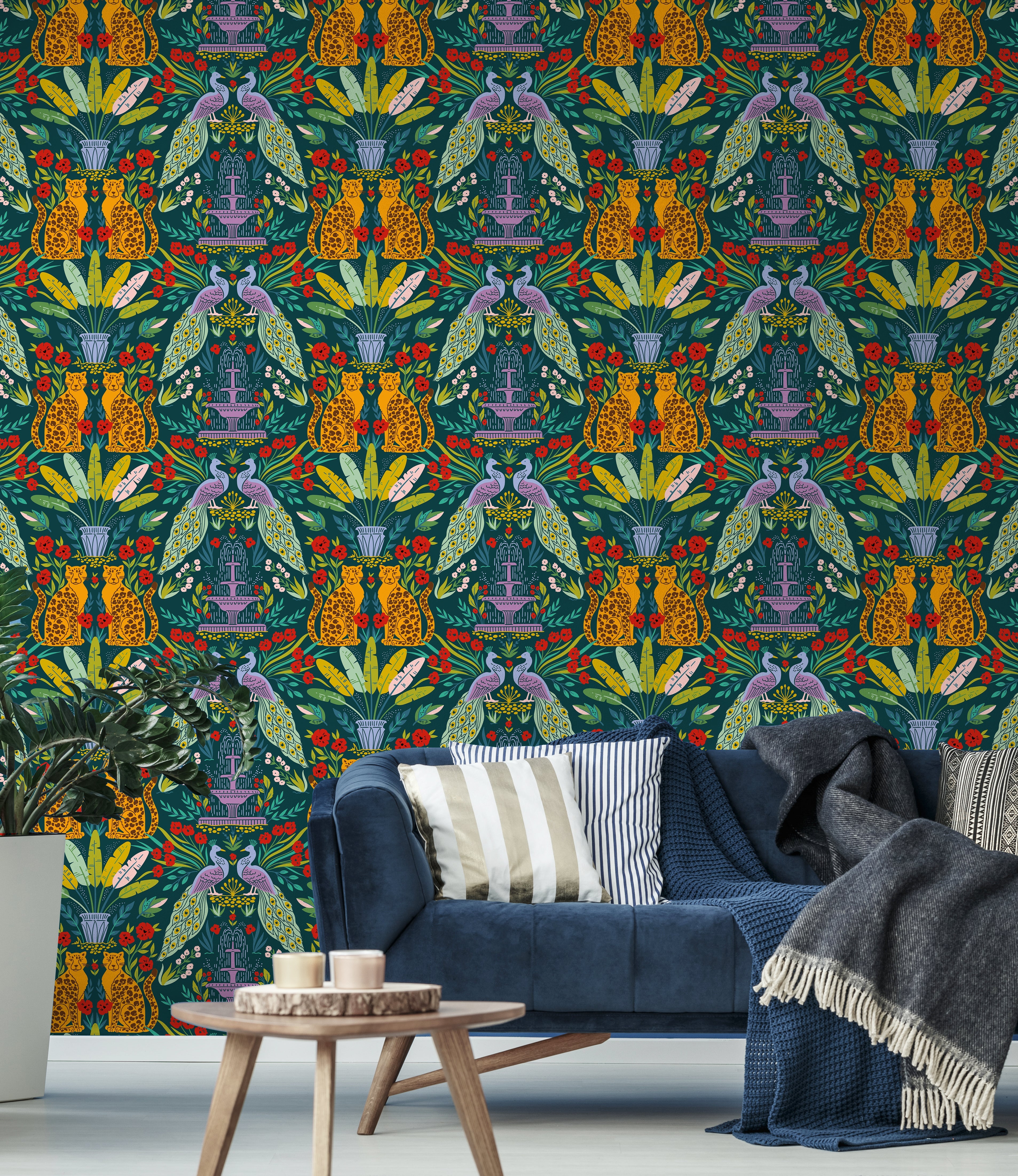 Floralplus Wallpaper Peel and Stick Tropical Leopard Peacock Jungle Kids Room Nursery Living Room Bathroom Removable Wall Mural