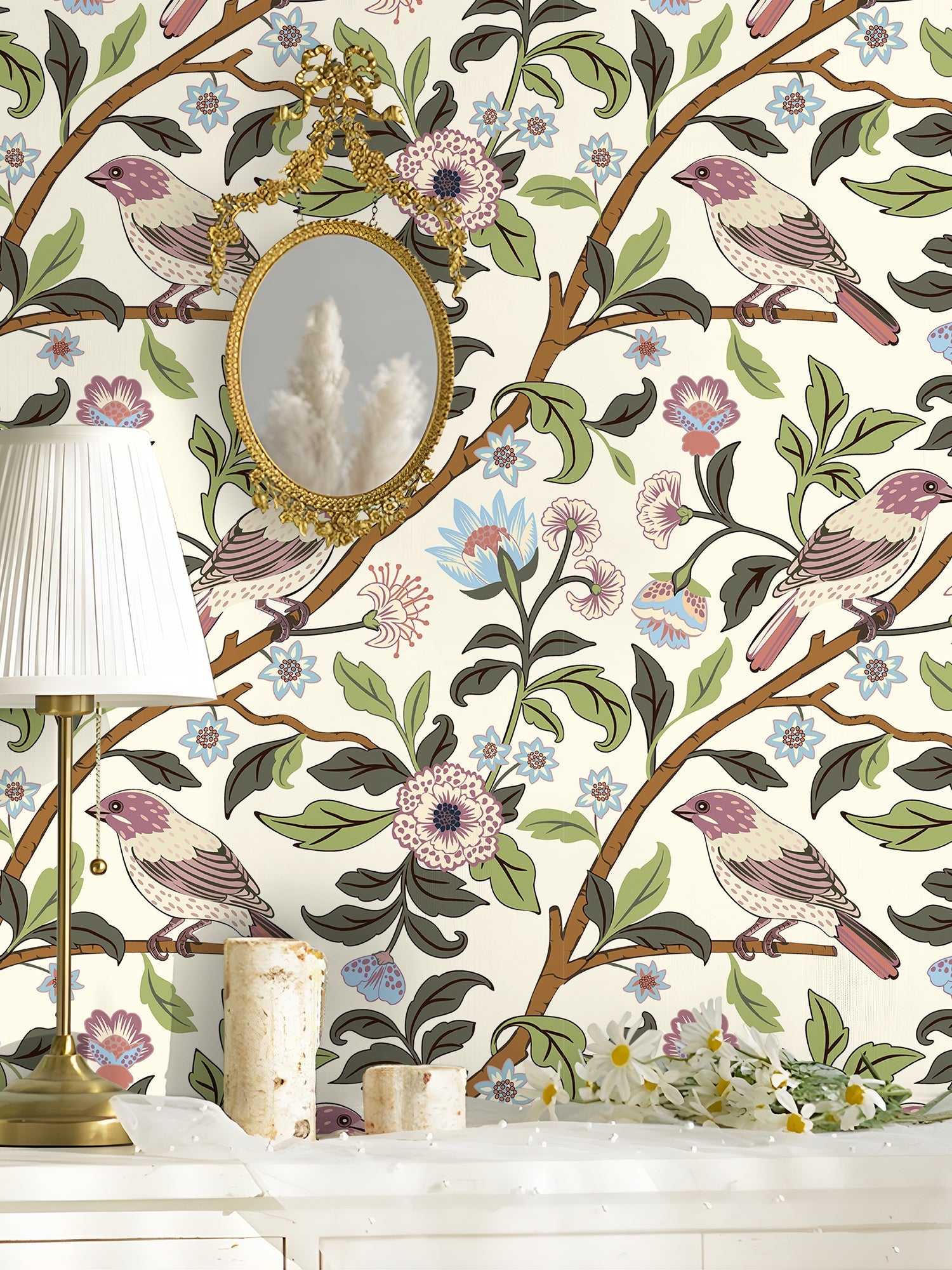Floralplus Wallpaper Peel and Stick Vintage Bird Floral Cream Botanical Chinoiserie Removable Wall Decor for Bedroom Bathroom Nursery Living Room