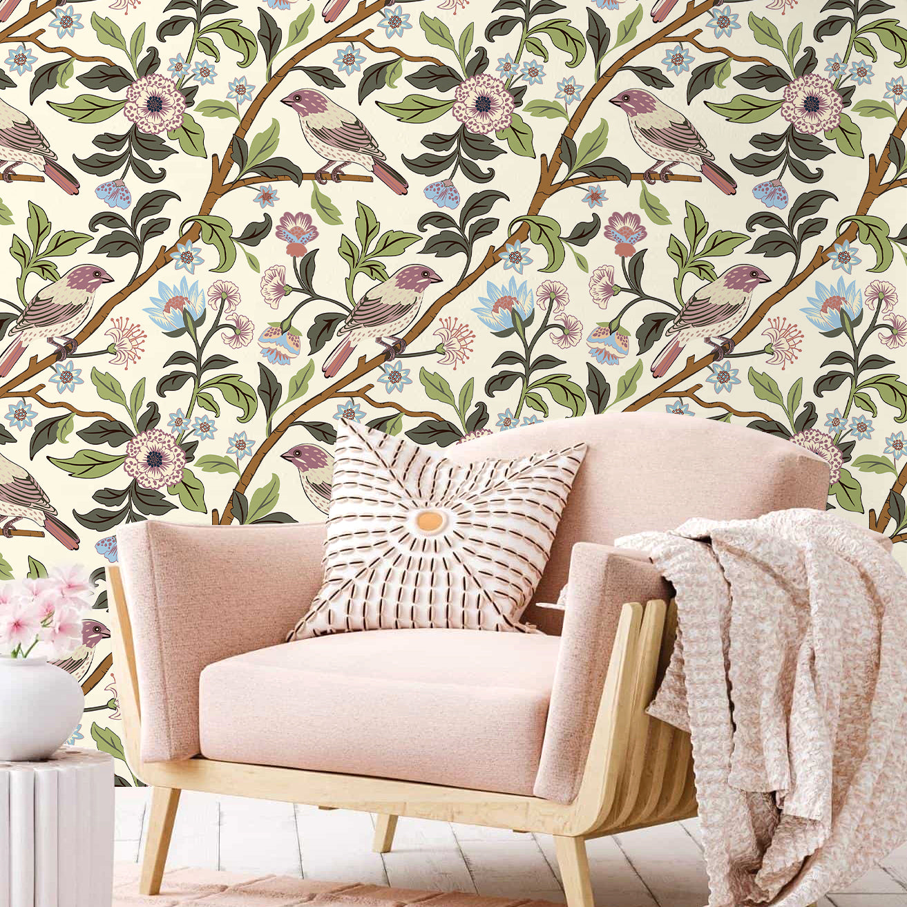 Floralplus Wallpaper Peel and Stick Vintage Bird Floral Cream Botanical Chinoiserie Removable Wall Decor for Bedroom Bathroom Nursery Living Room