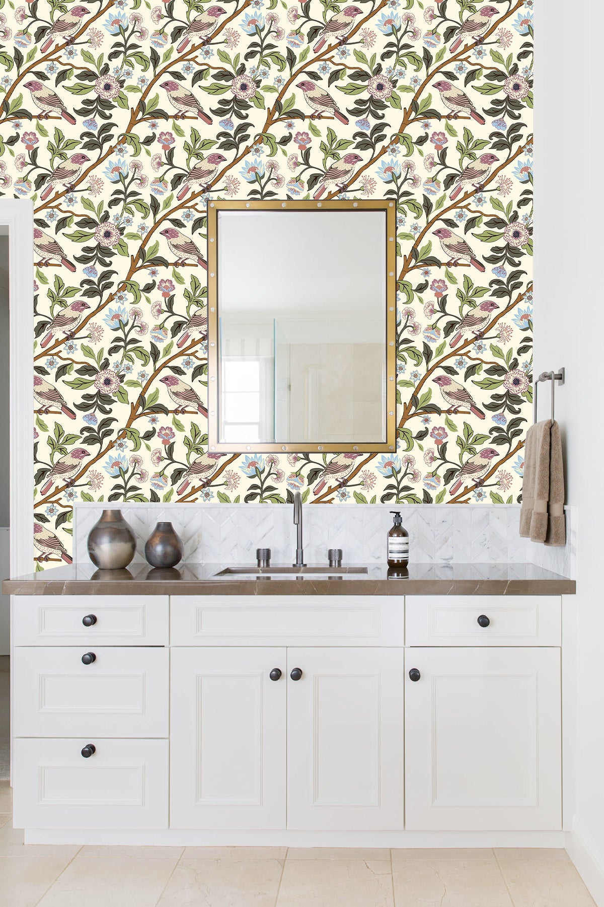 Floralplus Wallpaper Peel and Stick Vintage Bird Floral Cream Botanical Chinoiserie Removable Wall Decor for Bedroom Bathroom Nursery Living Room