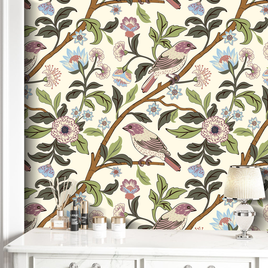 Floralplus Wallpaper Peel and Stick Vintage Bird Floral Cream Botanical Chinoiserie Removable Wall Decor for Bedroom Bathroom Nursery Living Room