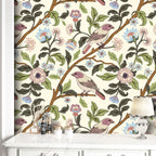 Floralplus Wallpaper Peel and Stick Vintage Bird Floral Cream Botanical Chinoiserie Removable Wall Decor for Bedroom Bathroom Nursery Living Room