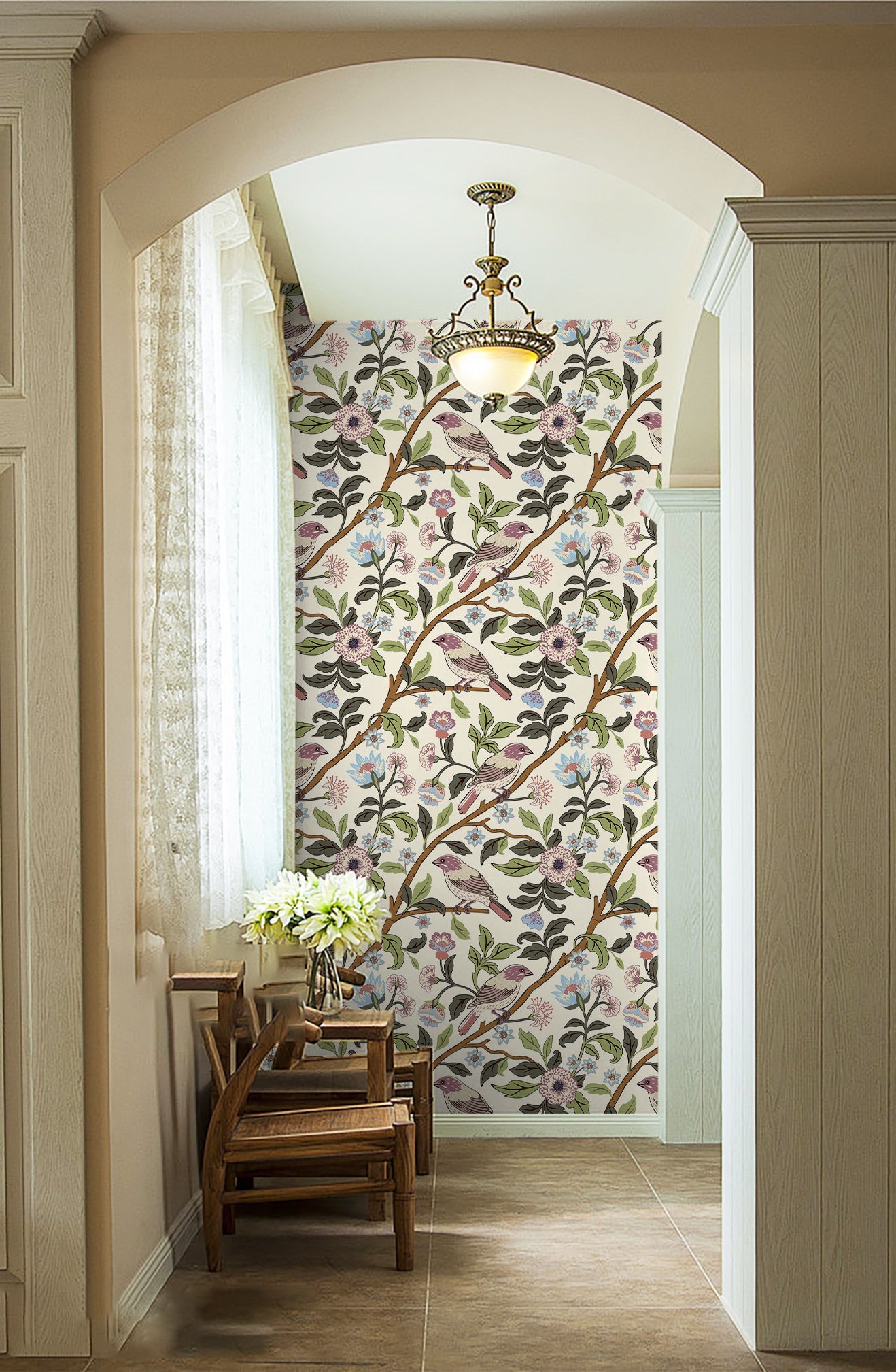 Floralplus Wallpaper Peel and Stick Vintage Bird Floral Cream Botanical Chinoiserie Removable Wall Decor for Bedroom Bathroom Nursery Living Room