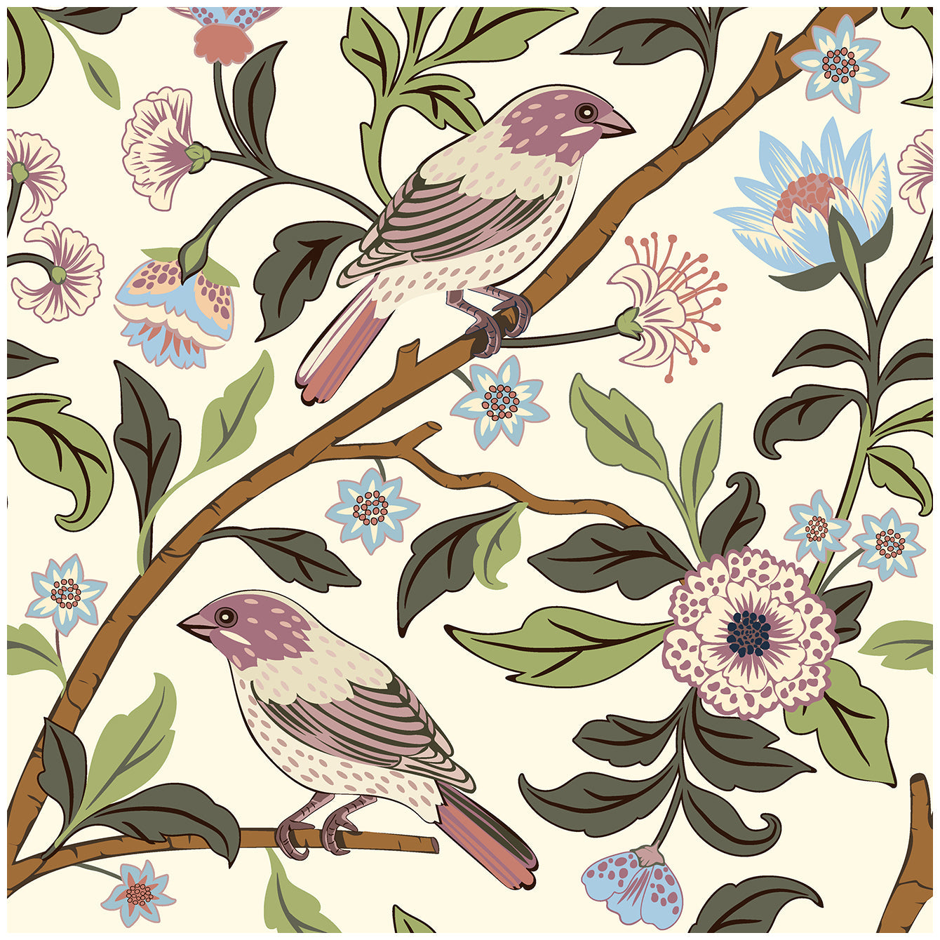 Floralplus Wallpaper Peel and Stick Vintage Bird Floral Cream Botanical Chinoiserie Removable Wall Decor for Bedroom Bathroom Nursery Living Room
