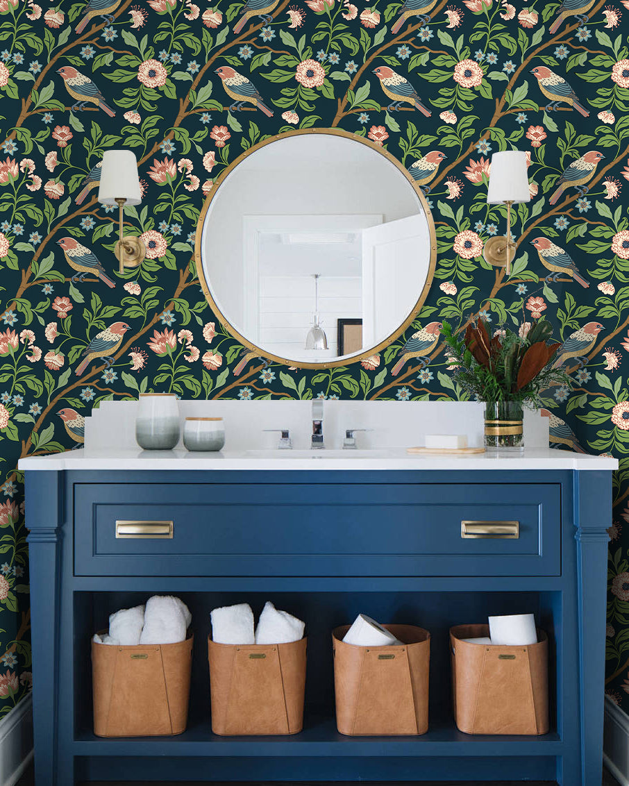 Floralplus Wallpaper Peel and Stick Vintage Bird and Floral Dark Blue Chinoiserie Removable Wall Mural for Bedroom Bathroom Nursery Living Room