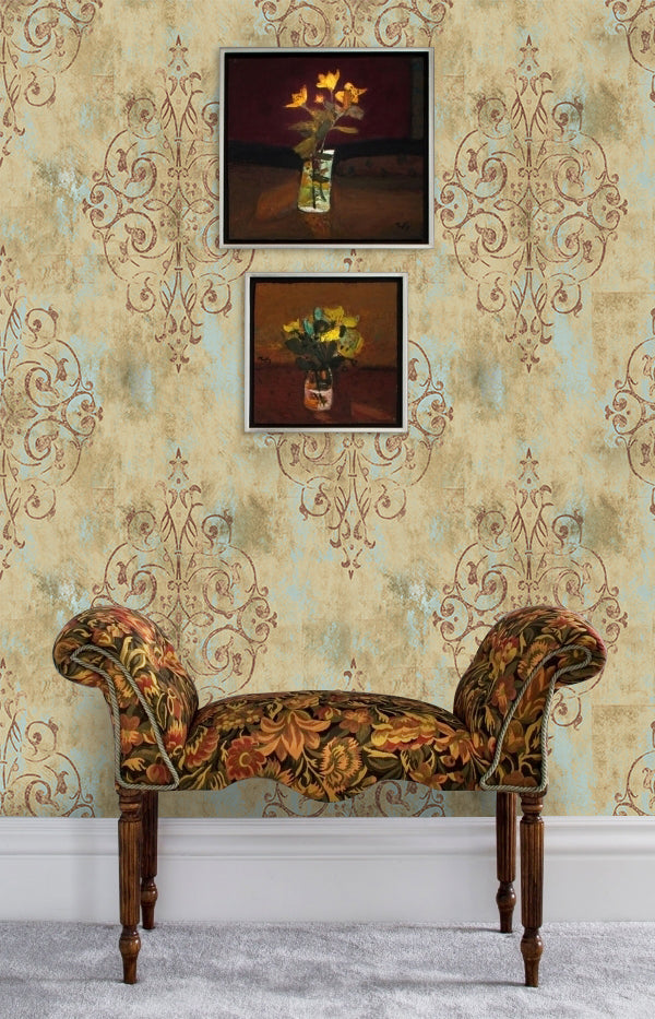 Floralplus Wallpaper Peel and Stick Vintage Damask Beige Blue Distressed Wall Decor Bathroom Bedroom Kitchen Removable Mural