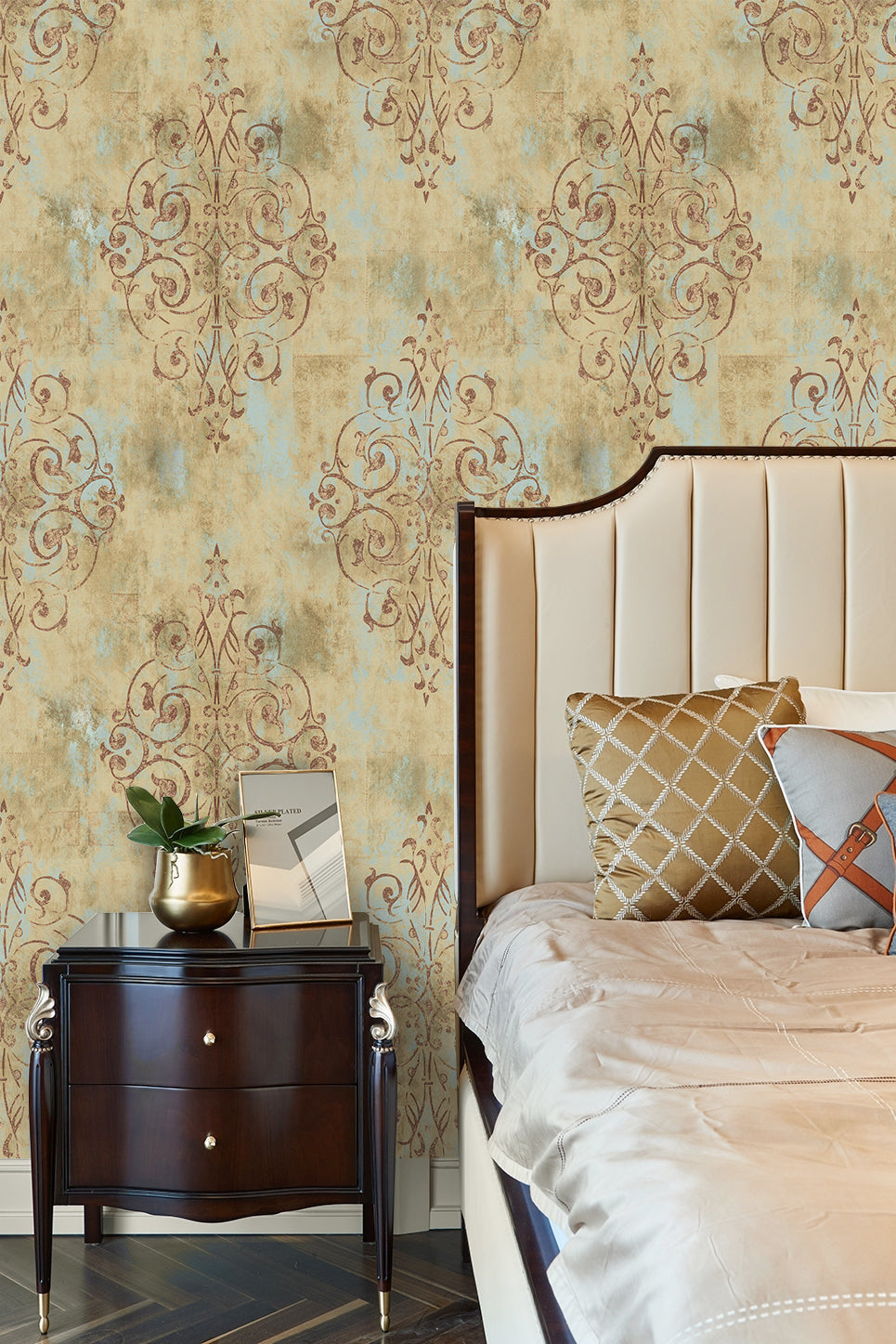 Floralplus Wallpaper Peel and Stick Vintage Damask Beige Blue Distressed Wall Decor Bathroom Bedroom Kitchen Removable Mural