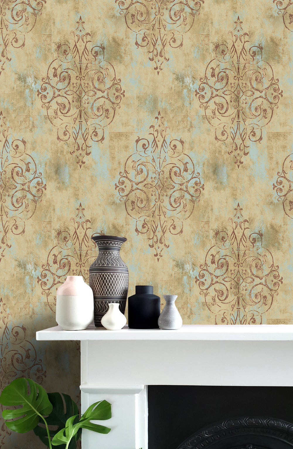 Floralplus Wallpaper Peel and Stick Vintage Damask Beige Blue Distressed Wall Decor Bathroom Bedroom Kitchen Removable Mural