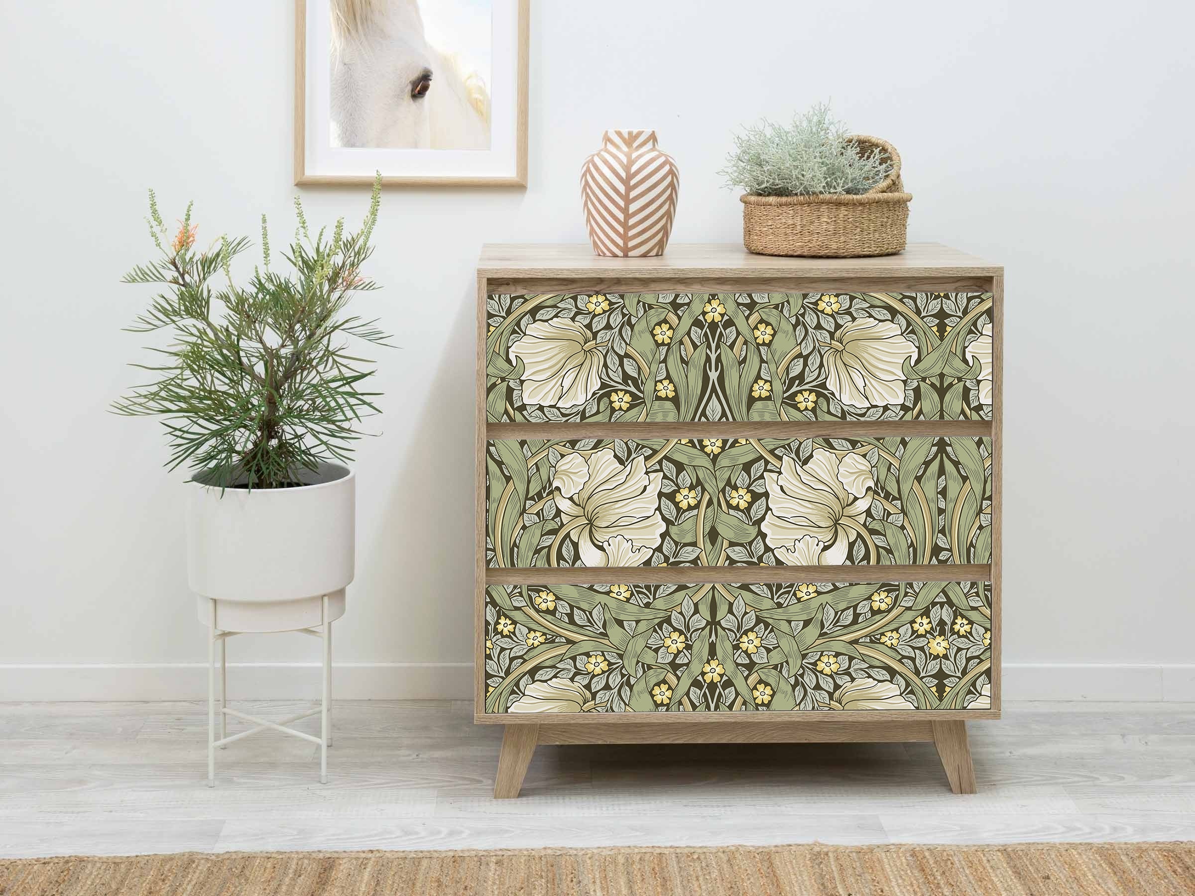 Floralplus Wallpaper Peel and Stick Vintage Olive Green Floral Botanical Art Nouveau Wall Decor Bathroom Bedroom Removable Mural