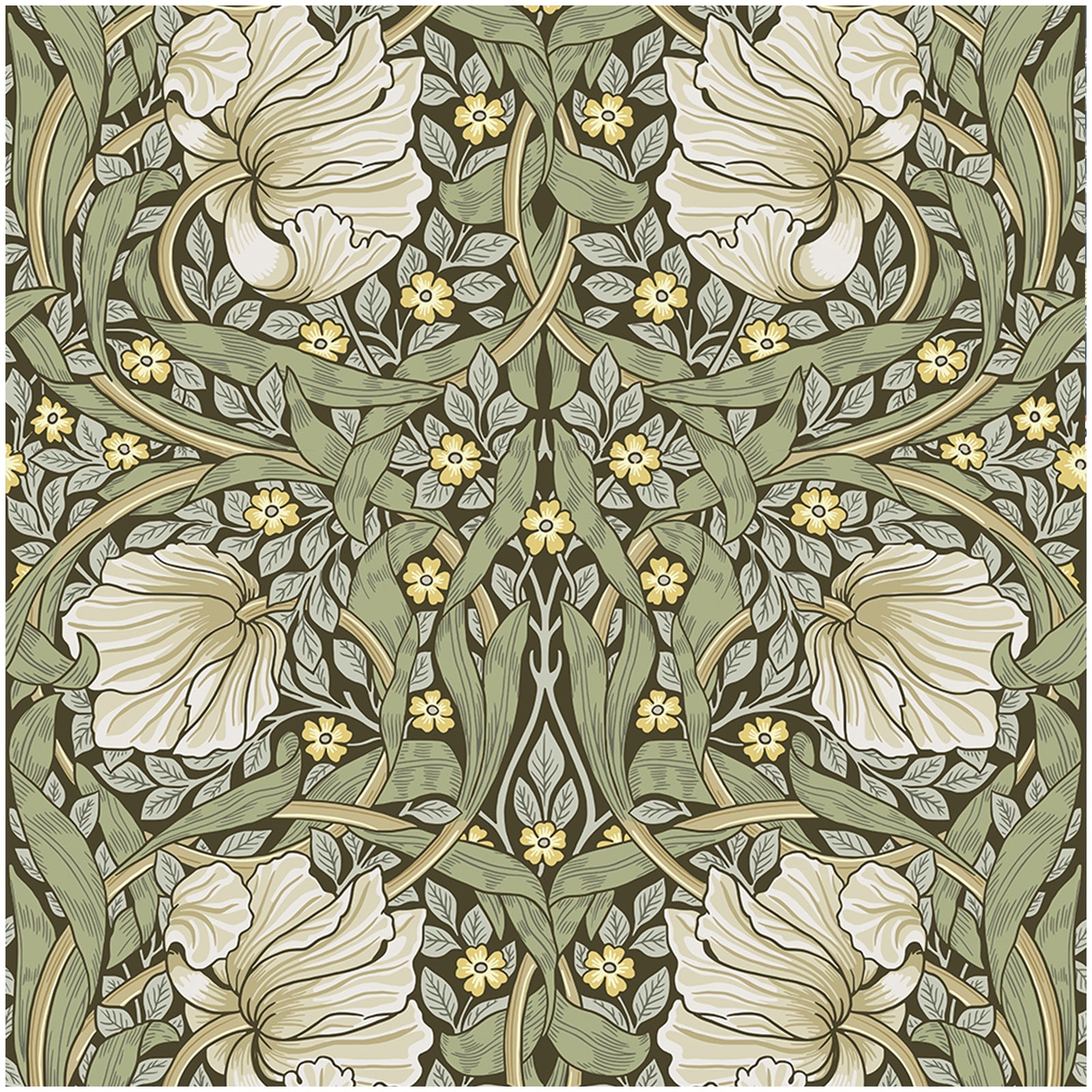 Floralplus Wallpaper Peel and Stick Vintage Olive Green Floral Botanical Art Nouveau Wall Decor Bathroom Bedroom Removable Mural