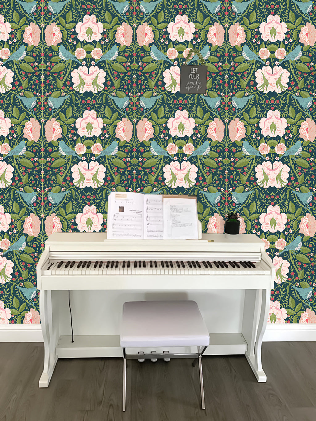 Floralplus Wallpaper Peel and Stick Vintage Teal Bird Floral Berry Botanical Wall Mural Removable Cottagecore Bedroom Bathroom Nursery Decor