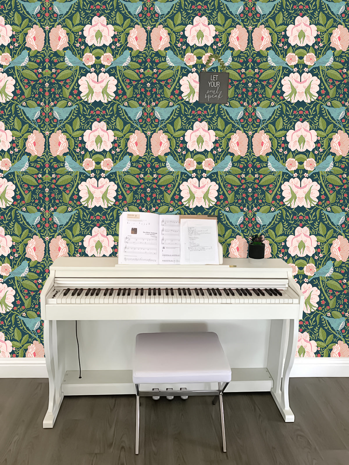 Floralplus Wallpaper Peel and Stick Vintage Teal Bird Floral Berry Botanical Wall Mural Removable Cottagecore Bedroom Bathroom Nursery Decor