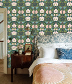 Floralplus Wallpaper Peel and Stick Vintage Teal Bird Floral Berry Botanical Wall Mural Removable Cottagecore Bedroom Bathroom Nursery Decor