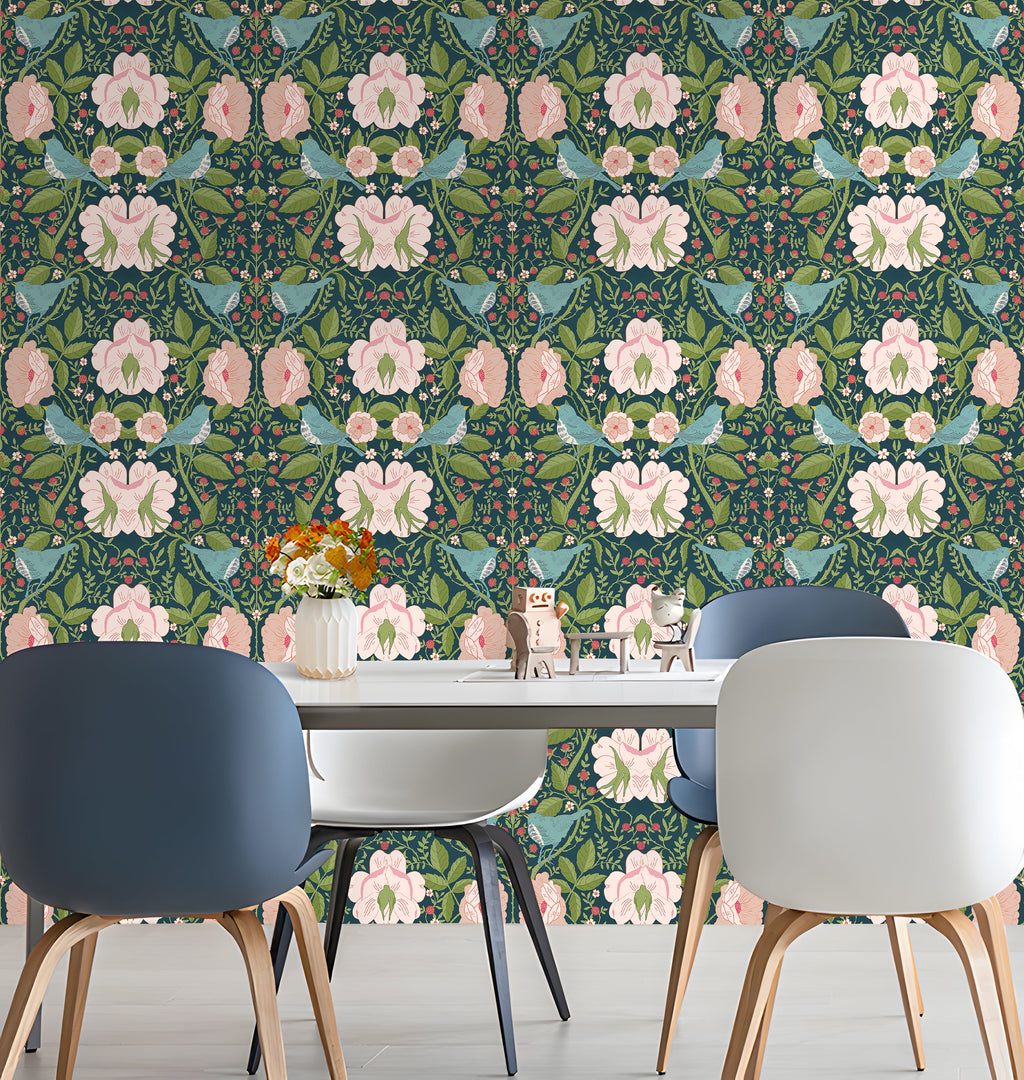 Floralplus Wallpaper Peel and Stick Vintage Teal Bird Floral Berry Botanical Wall Mural Removable Cottagecore Bedroom Bathroom Nursery Decor