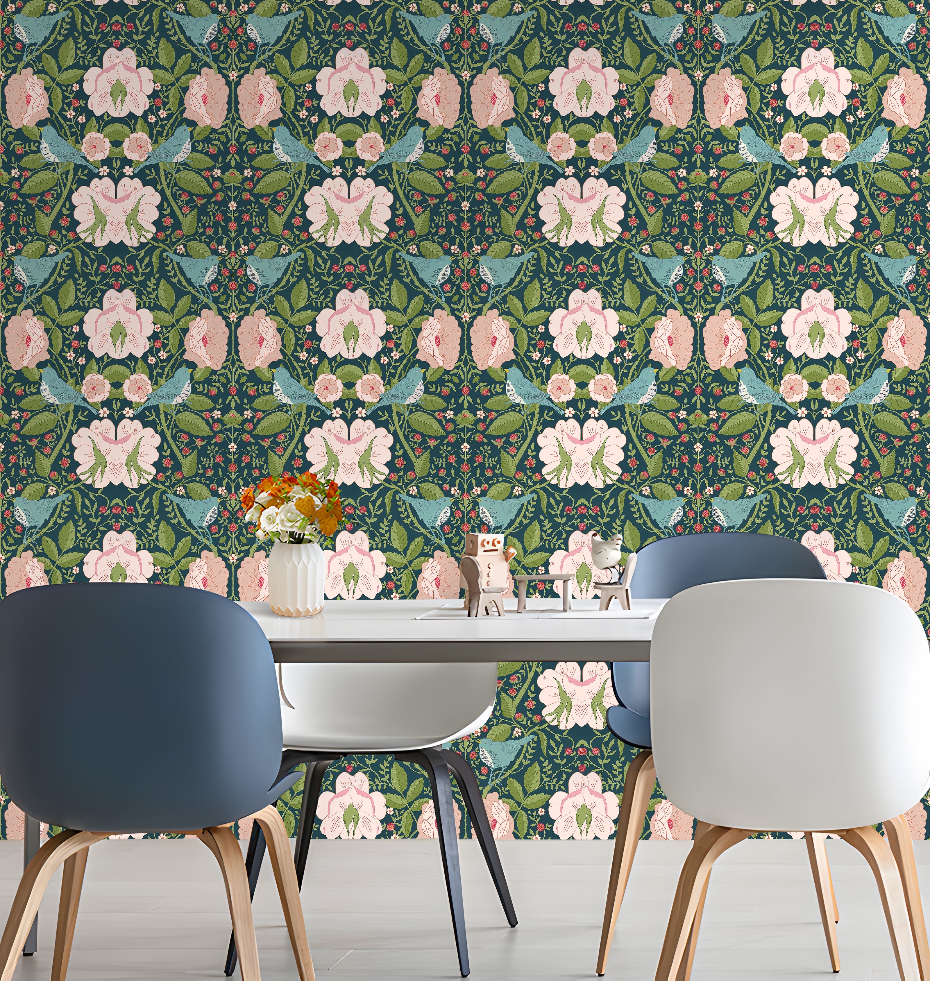 Floralplus Wallpaper Peel and Stick Vintage Teal Bird Floral Berry Botanical Wall Mural Removable Cottagecore Bedroom Bathroom Nursery Decor