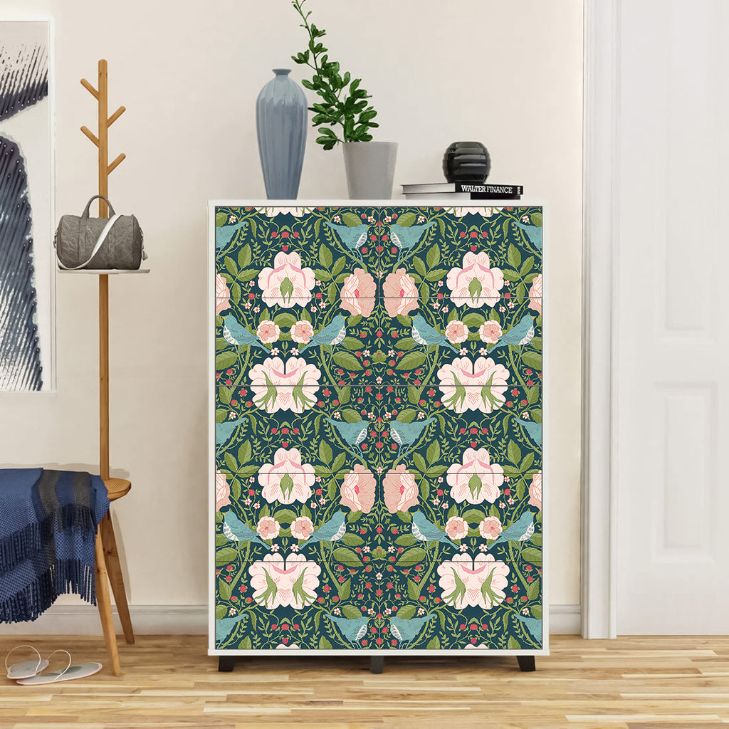 Floralplus Wallpaper Peel and Stick Vintage Teal Bird Floral Berry Botanical Wall Mural Removable Cottagecore Bedroom Bathroom Nursery Decor