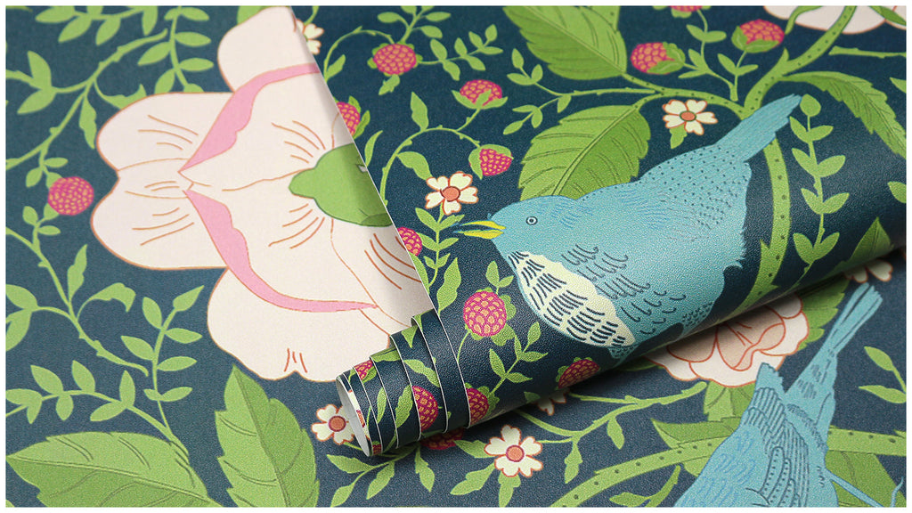 Floralplus Wallpaper Peel and Stick Vintage Teal Bird Floral Berry Botanical Wall Mural Removable Cottagecore Bedroom Bathroom Nursery Decor