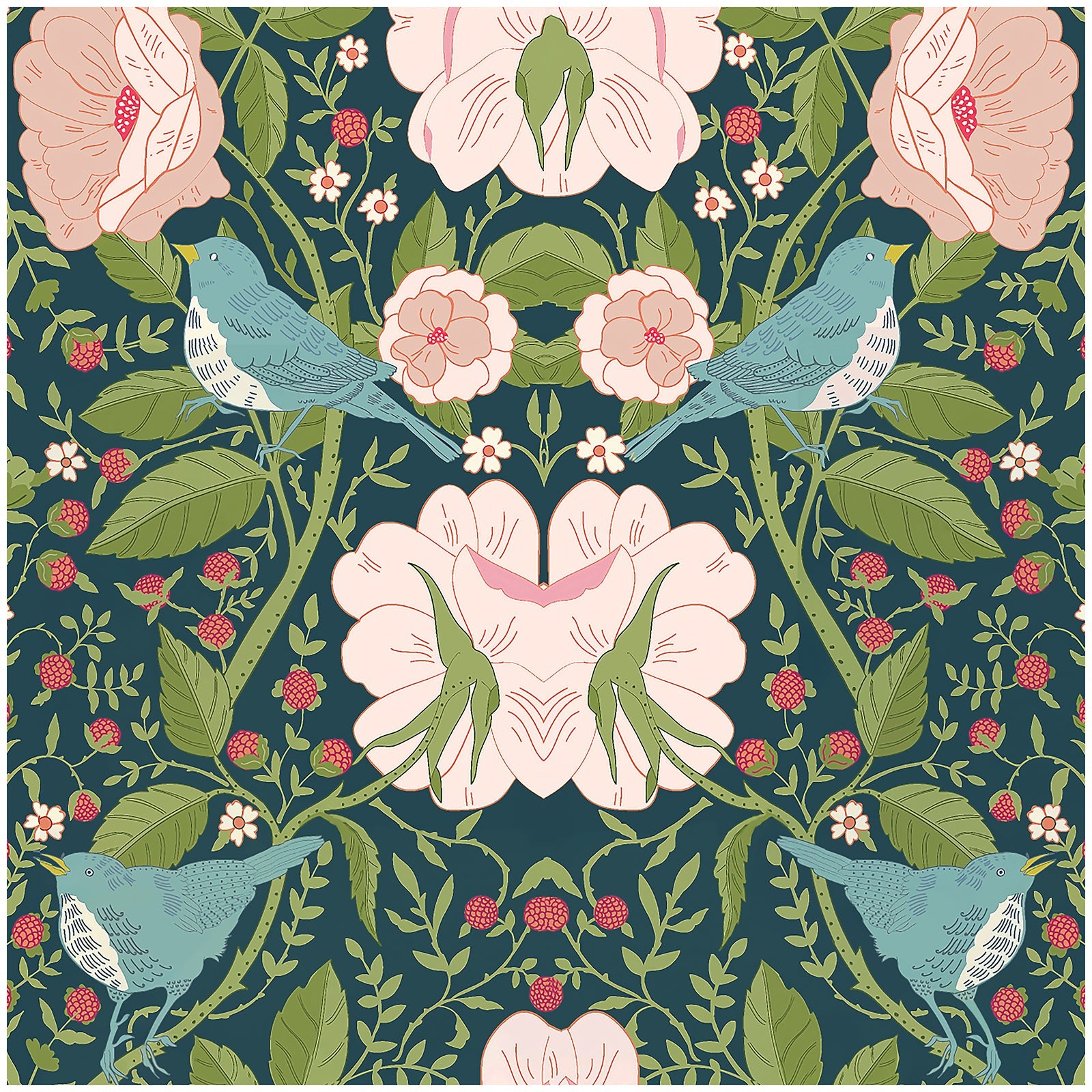 Floralplus Wallpaper Peel and Stick Vintage Teal Bird Floral Berry Botanical Wall Mural Removable Cottagecore Bedroom Bathroom Nursery Decor