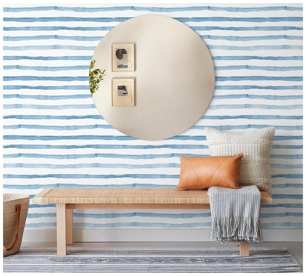 Floralplus Wallpaper Peel and Stick Watercolor Blue Stripe Coastal Nautical Wall Decor Bathroom Kids Room Nursery Removable Mural