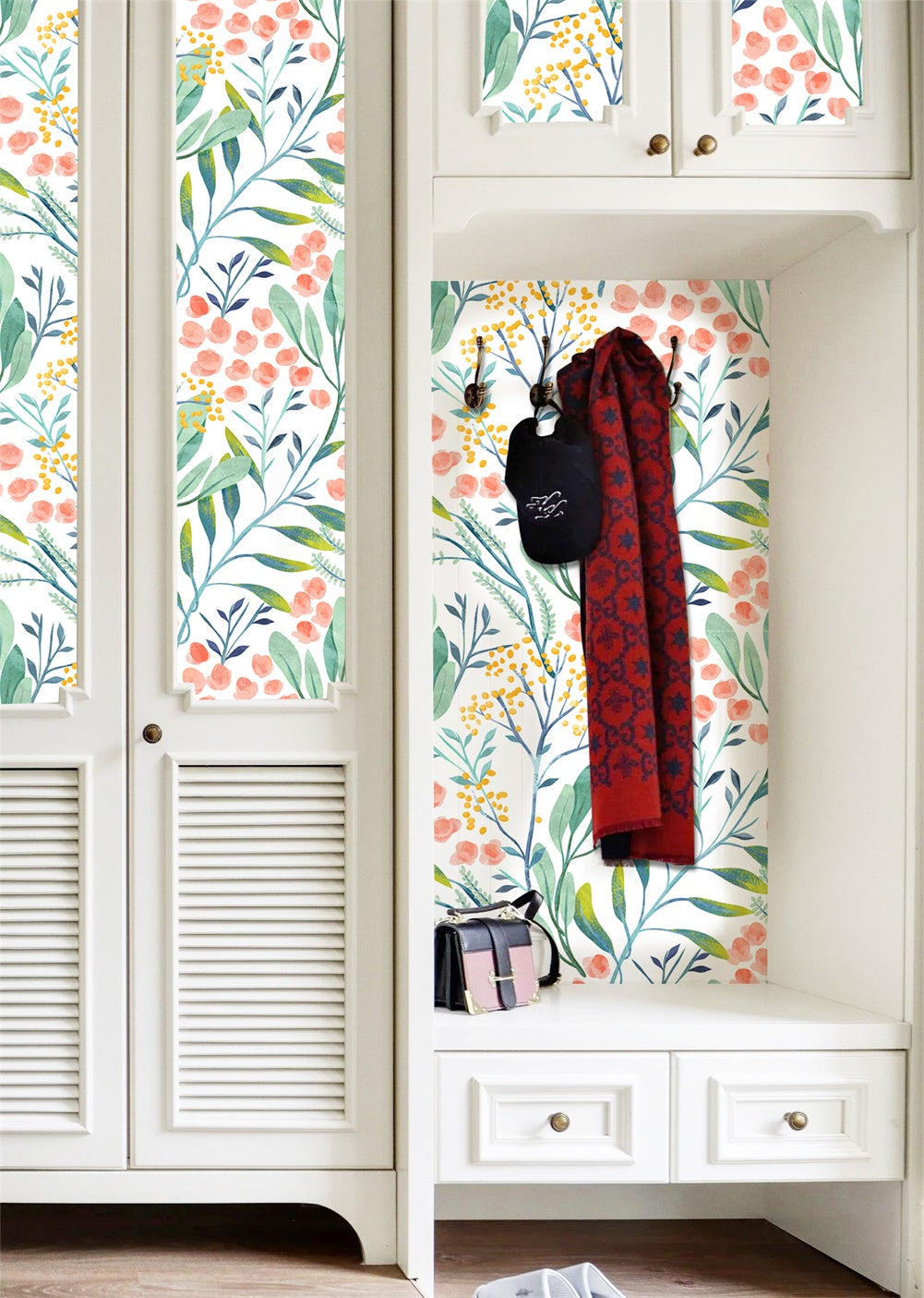 Floralplus Wallpaper Peel and Stick Watercolor Botanical Green Yellow Pink Floral Removable Wall Mural for Bedroom Living Room Bathroom