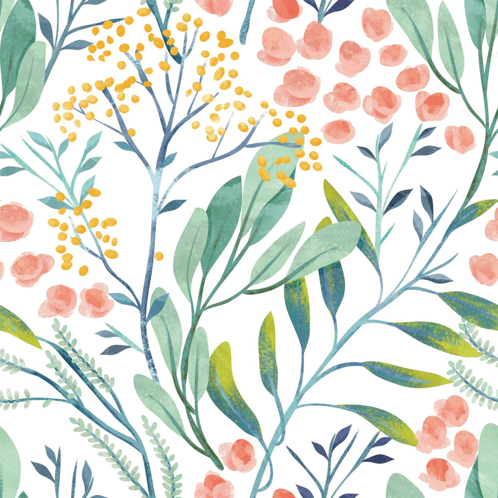 Floralplus Wallpaper Peel and Stick Watercolor Botanical Green Yellow Pink Floral Removable Wall Mural for Bedroom Living Room Bathroom
