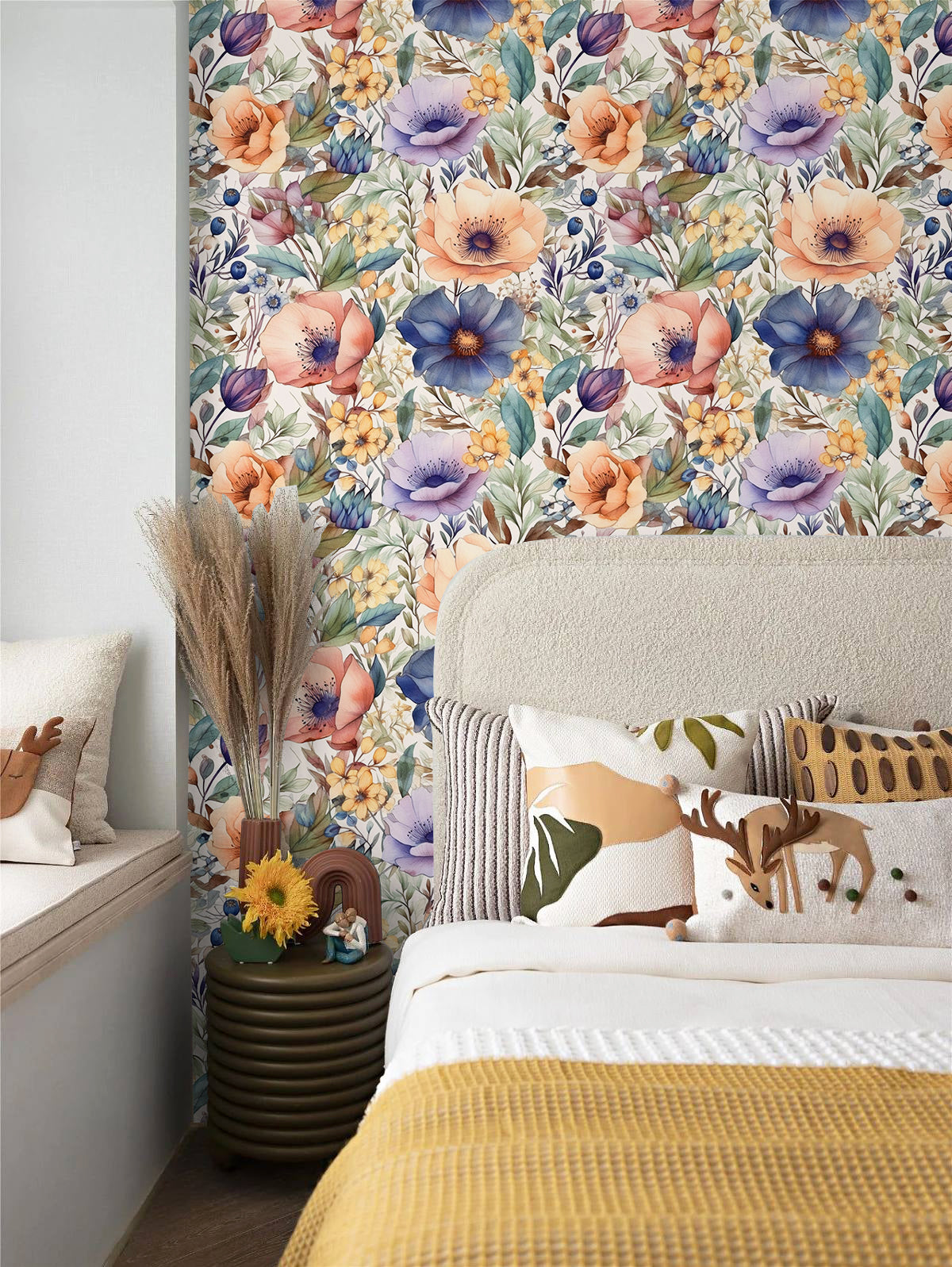 Floralplus Wallpaper Peel and Stick Watercolor Floral Boho Peach Blue Purple Green Botanical Wall Decor Bedroom Living Room Bathroom Nursery Removable Mural