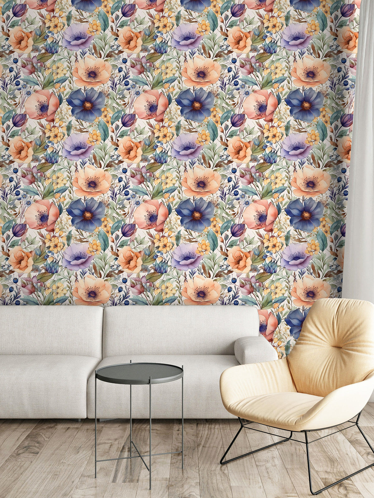 Floralplus Wallpaper Peel and Stick Watercolor Floral Boho Peach Blue Purple Green Botanical Wall Decor Bedroom Living Room Bathroom Nursery Removable Mural