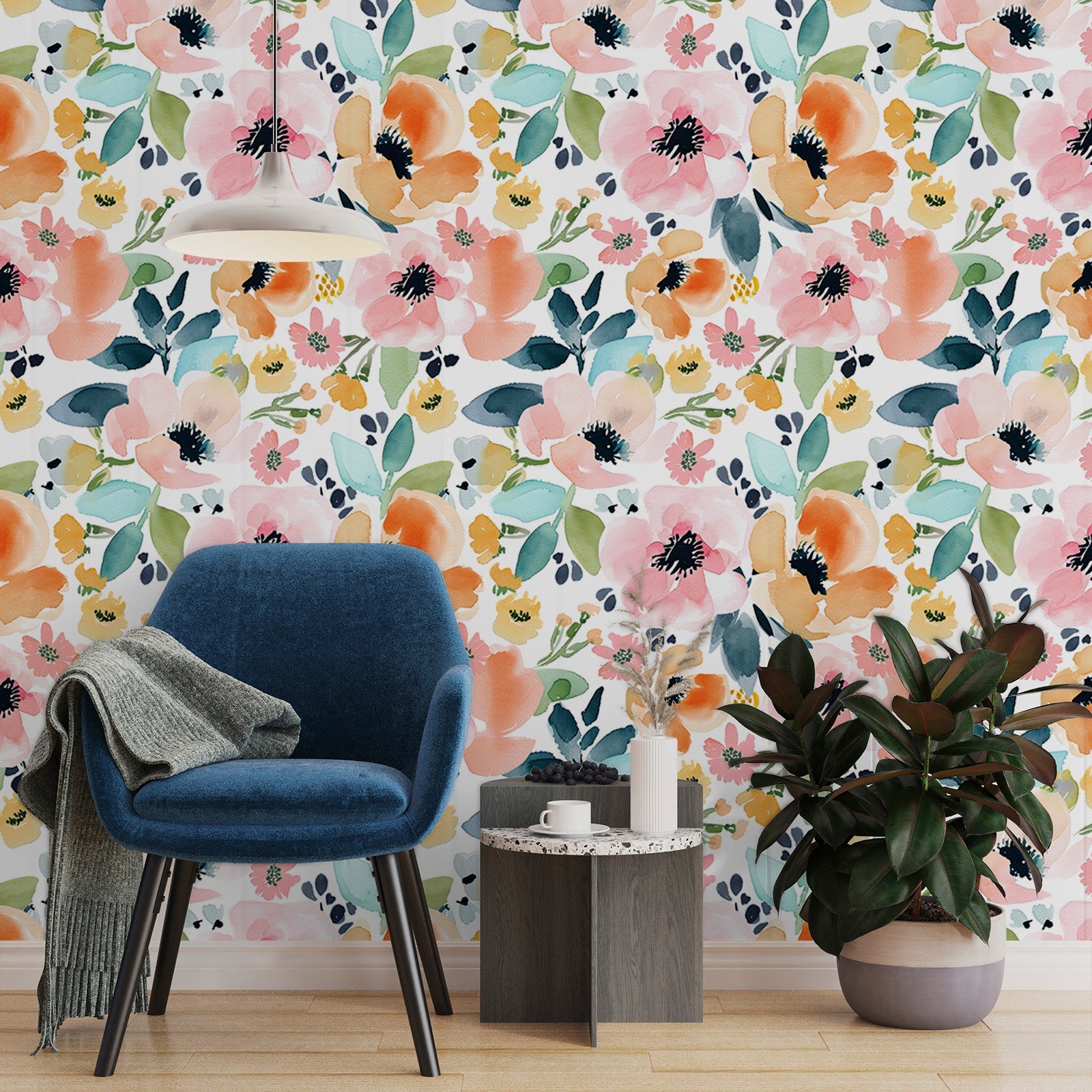 Floralplus Wallpaper Peel and Stick Watercolor Floral Pastel Orange Pink Removable Self Adhesive Wall Mural for Bedroom Bathroom Nursery