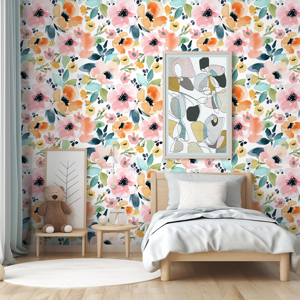 Floralplus Wallpaper Peel and Stick Watercolor Floral Pastel Orange Pink Removable Self Adhesive Wall Mural for Bedroom Bathroom Nursery