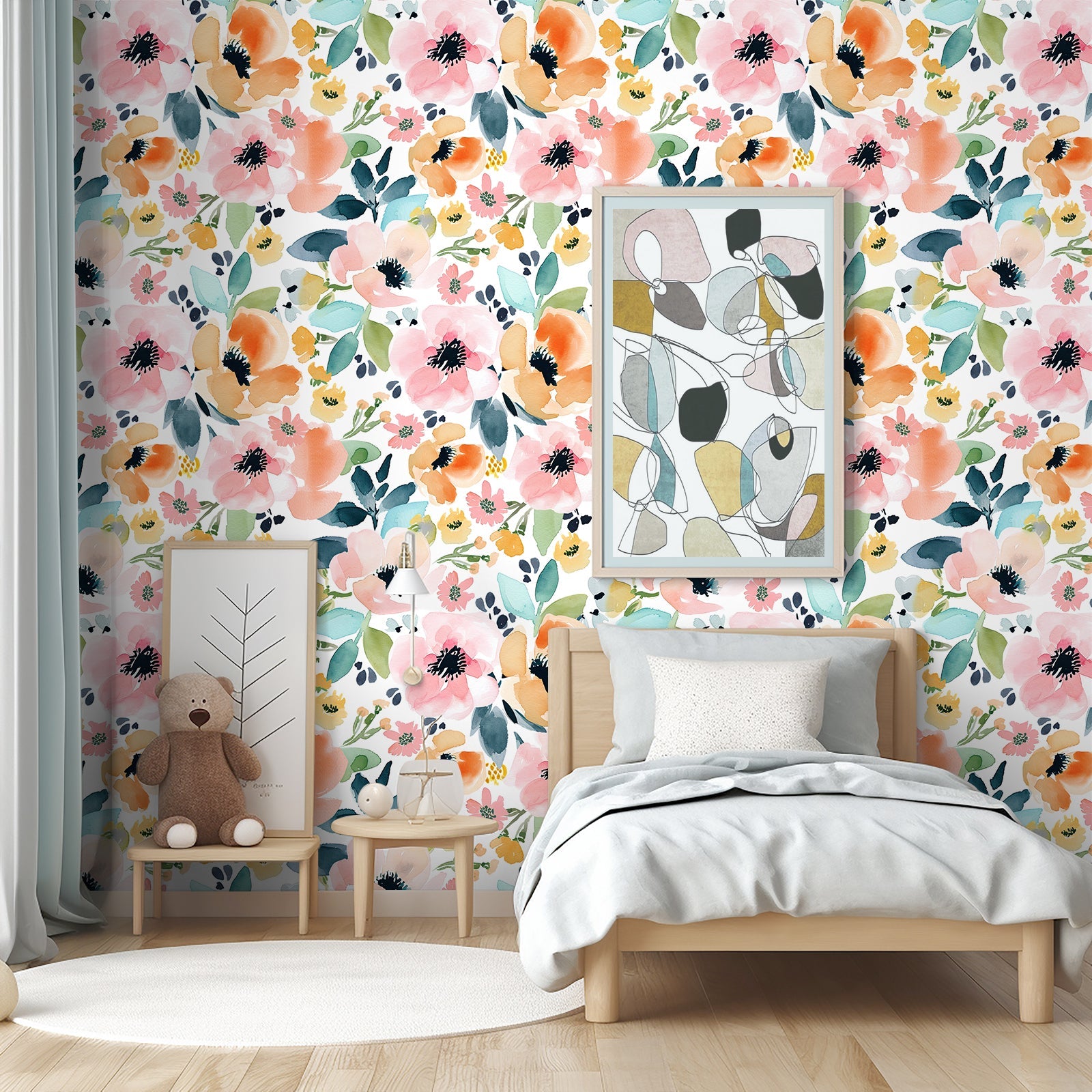 Floralplus Wallpaper Peel and Stick Watercolor Floral Pastel Orange Pink Removable Self Adhesive Wall Mural for Bedroom Bathroom Nursery