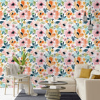 Floralplus Wallpaper Peel and Stick Watercolor Floral Pastel Orange Pink Removable Self Adhesive Wall Mural for Bedroom Bathroom Nursery