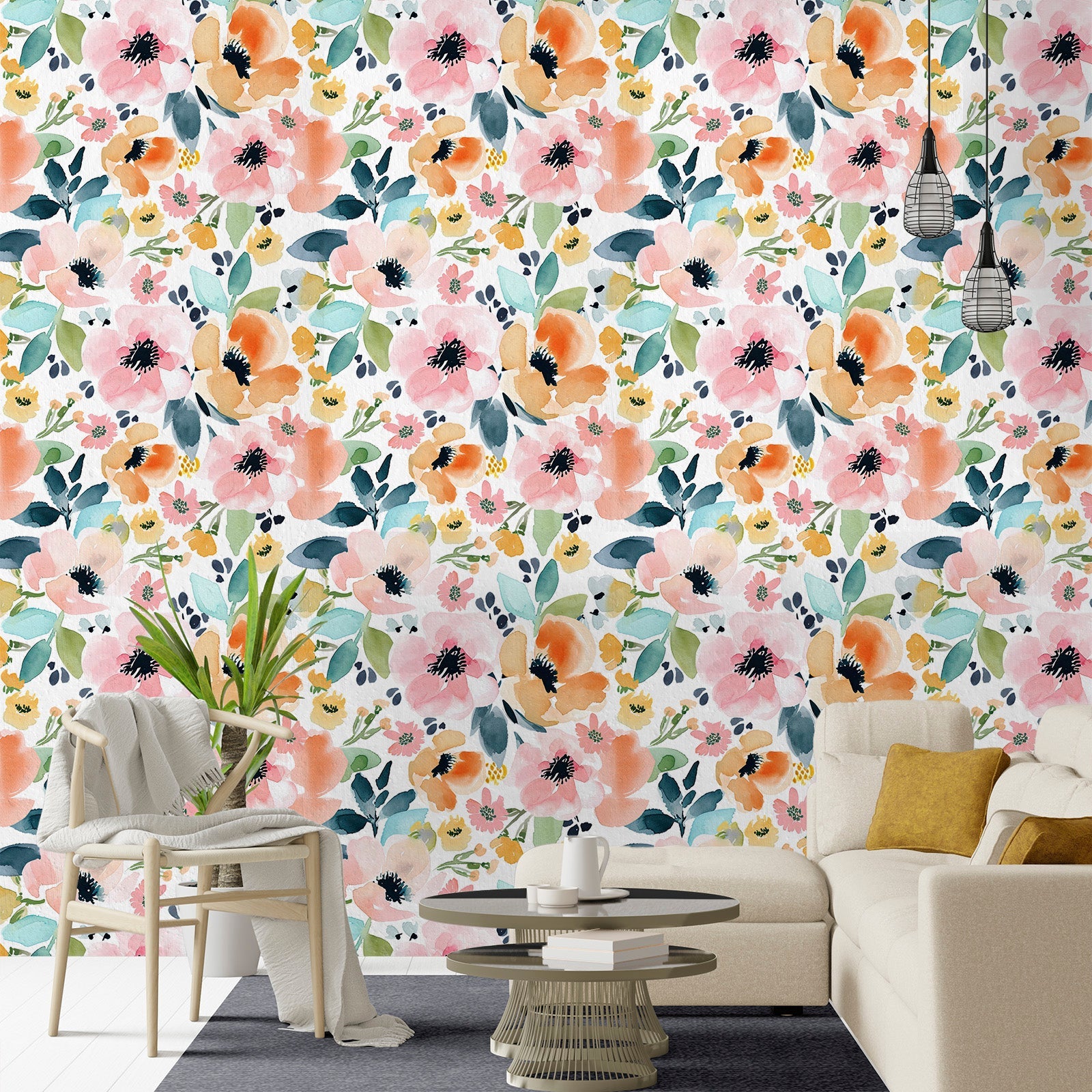 Floralplus Wallpaper Peel and Stick Watercolor Floral Pastel Orange Pink Removable Self Adhesive Wall Mural for Bedroom Bathroom Nursery
