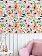 Floralplus Wallpaper Peel and Stick Watercolor Floral Pastel Orange Pink Removable Self Adhesive Wall Mural for Bedroom Bathroom Nursery