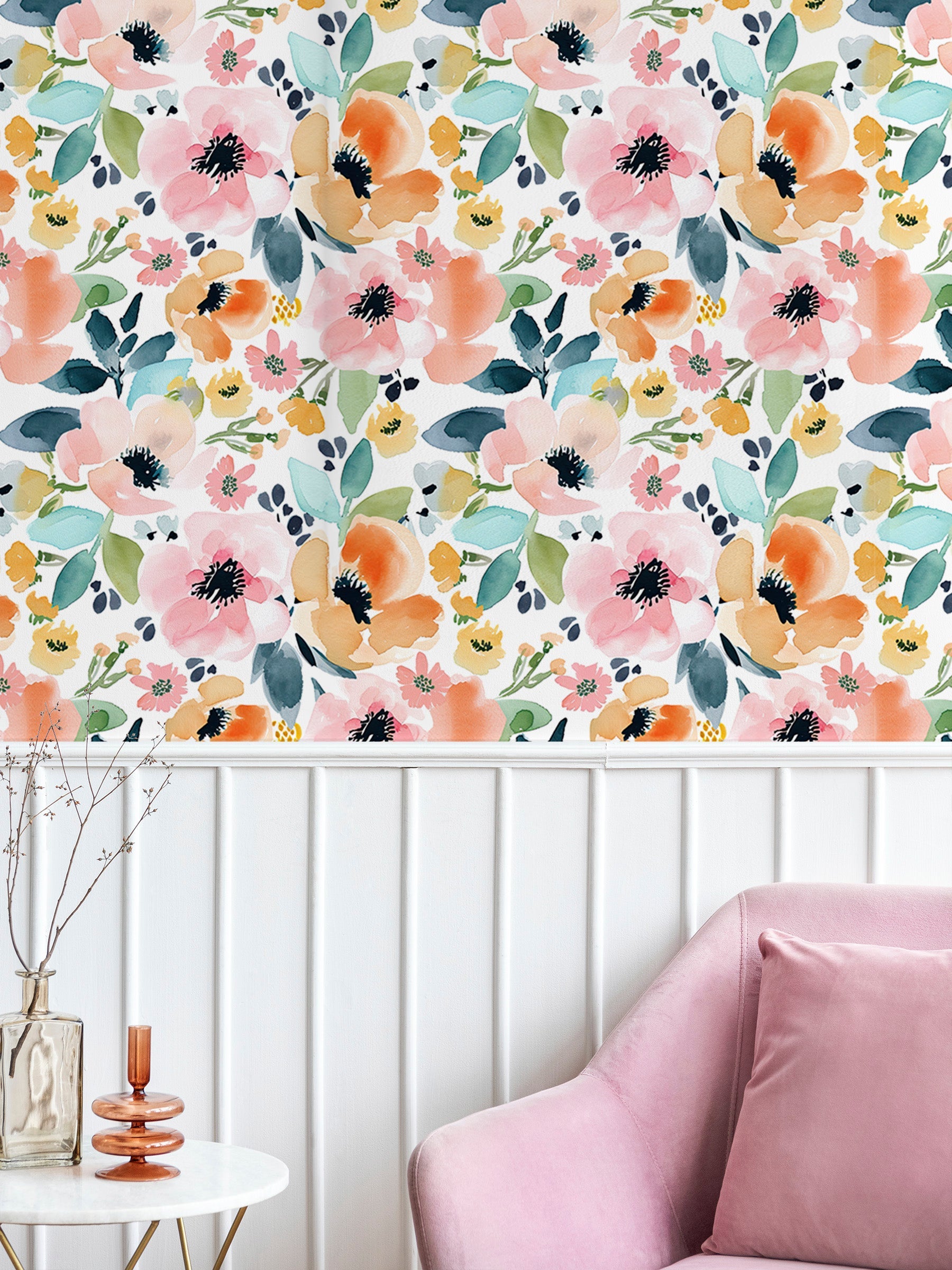 Floralplus Wallpaper Peel and Stick Watercolor Floral Pastel Orange Pink Removable Self Adhesive Wall Mural for Bedroom Bathroom Nursery