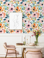 Floralplus Wallpaper Peel and Stick Watercolor Floral Pastel Orange Pink Removable Self Adhesive Wall Mural for Bedroom Bathroom Nursery