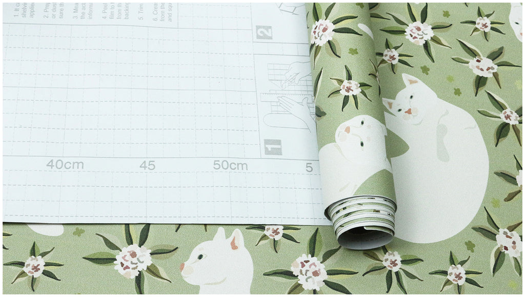 Floralplus Wallpaper Peel and Stick White Cat Floral Sage Green Aesthetic Bedroom Nursery Kids Room Removable Self Adhesive Wall Decor Mural