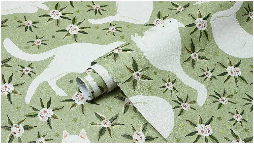 Floralplus Wallpaper Peel and Stick White Cat Floral Sage Green Aesthetic Bedroom Nursery Kids Room Removable Self Adhesive Wall Decor Mural