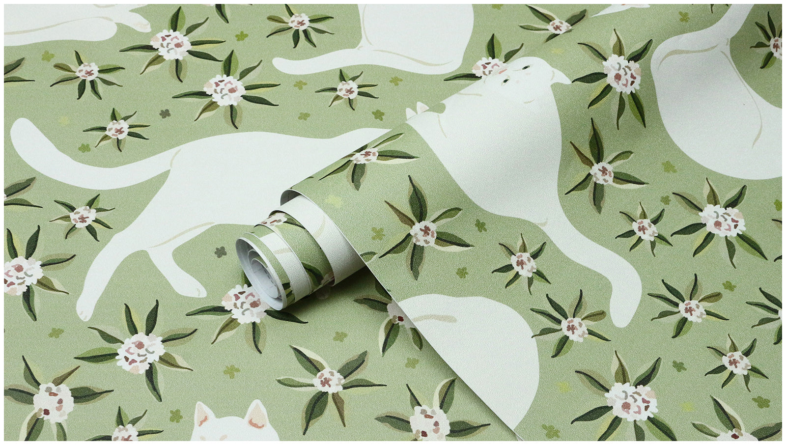 Floralplus Wallpaper Peel and Stick White Cat Floral Sage Green Aesthetic Bedroom Nursery Kids Room Removable Self Adhesive Wall Decor Mural