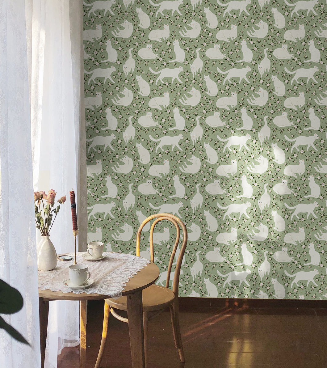 Floralplus Wallpaper Peel and Stick White Cat Floral Sage Green Aesthetic Bedroom Nursery Kids Room Removable Self Adhesive Wall Decor Mural