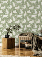 Floralplus Wallpaper Peel and Stick White Cat Floral Sage Green Aesthetic Bedroom Nursery Kids Room Removable Self Adhesive Wall Decor Mural