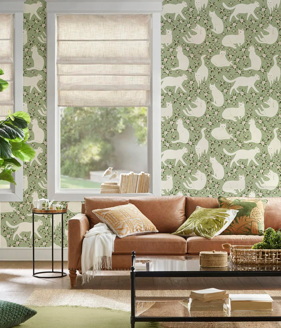 Floralplus Wallpaper Peel and Stick White Cat Floral Sage Green Aesthetic Bedroom Nursery Kids Room Removable Self Adhesive Wall Decor Mural
