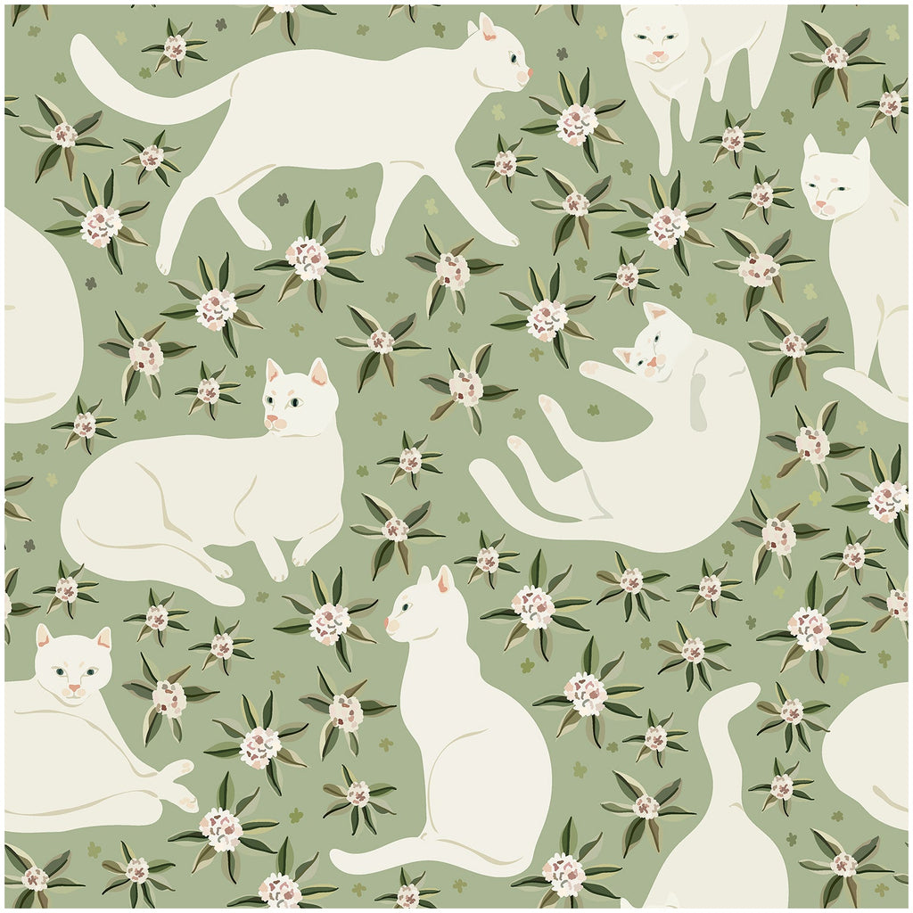 Floralplus Wallpaper Peel and Stick White Cat Floral Sage Green Aesthetic Bedroom Nursery Kids Room Removable Self Adhesive Wall Decor Mural