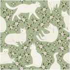 Floralplus Wallpaper Peel and Stick White Cat Floral Sage Green Aesthetic Bedroom Nursery Kids Room Removable Self Adhesive Wall Decor Mural