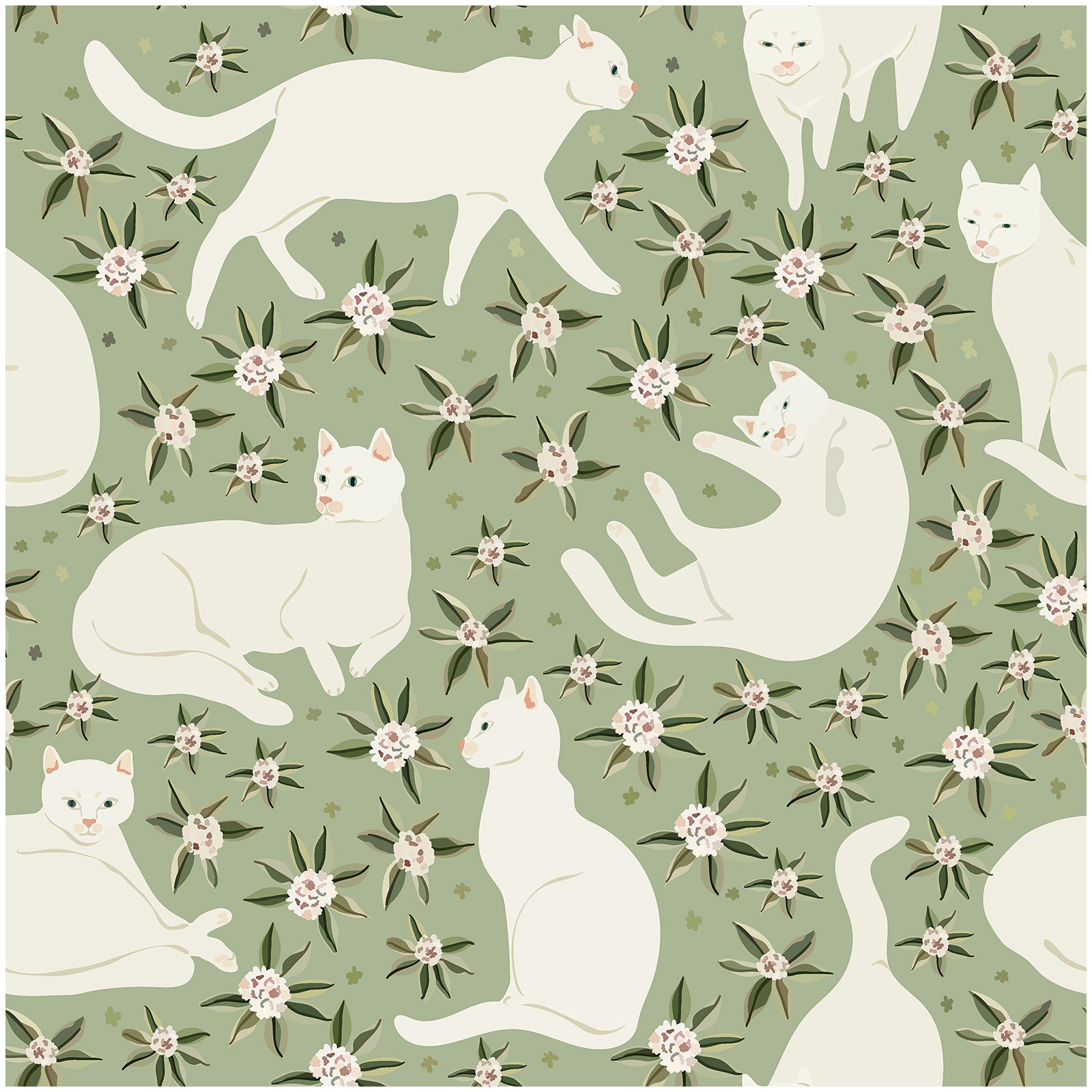 Floralplus Wallpaper Peel and Stick White Cat Floral Sage Green Aesthetic Bedroom Nursery Kids Room Removable Self Adhesive Wall Decor Mural