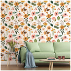 Floralplus Wallpaper Peel and Stick White Floral Boho Yellow Peach Green Watercolor Botanical Wall Decor Removable Self Adhesive Wall Mural for Bedroom Living Room Nursery Bathroom