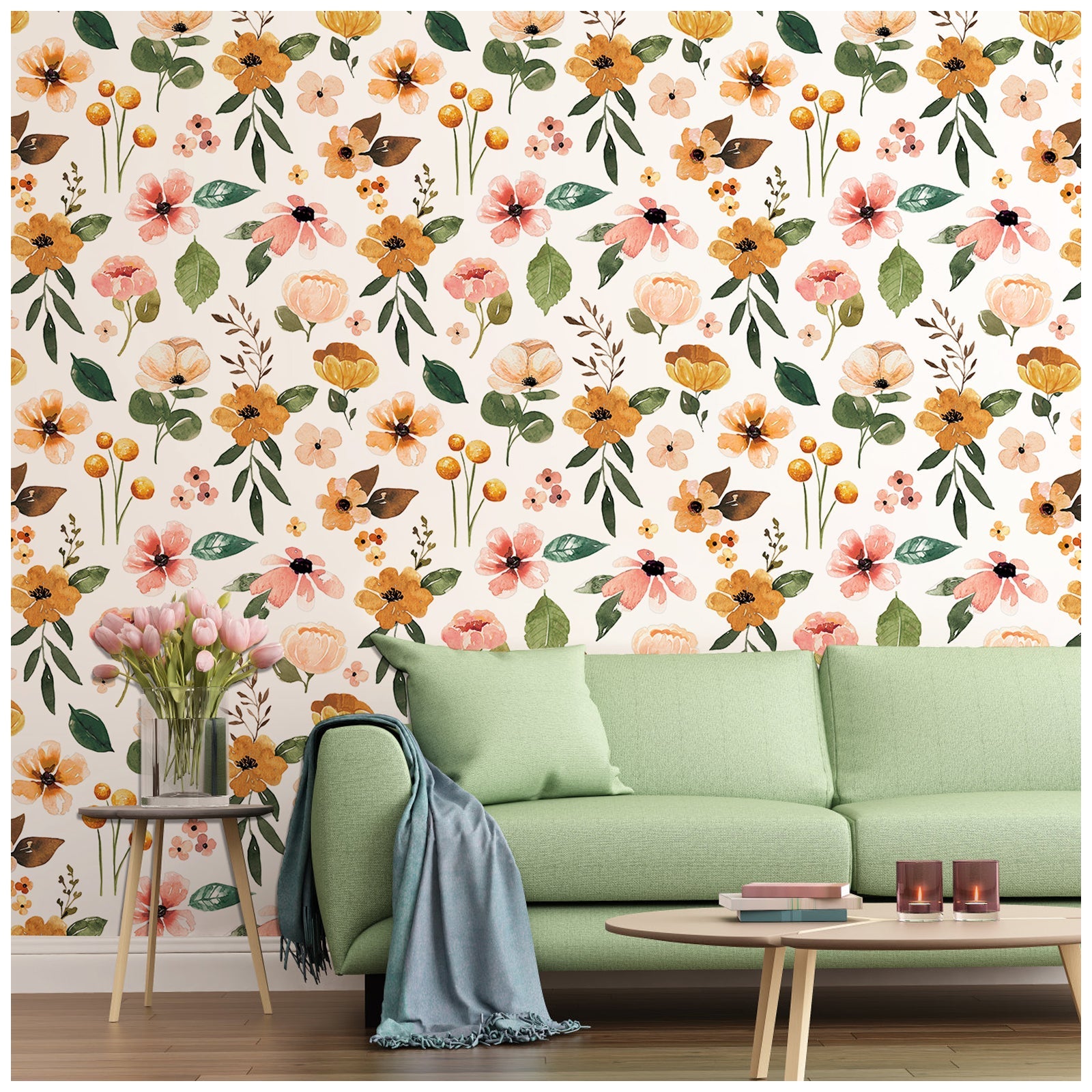 Floralplus Wallpaper Peel and Stick White Floral Boho Yellow Peach Green Watercolor Botanical Wall Decor Removable Self Adhesive Wall Mural for Bedroom Living Room Nursery Bathroom