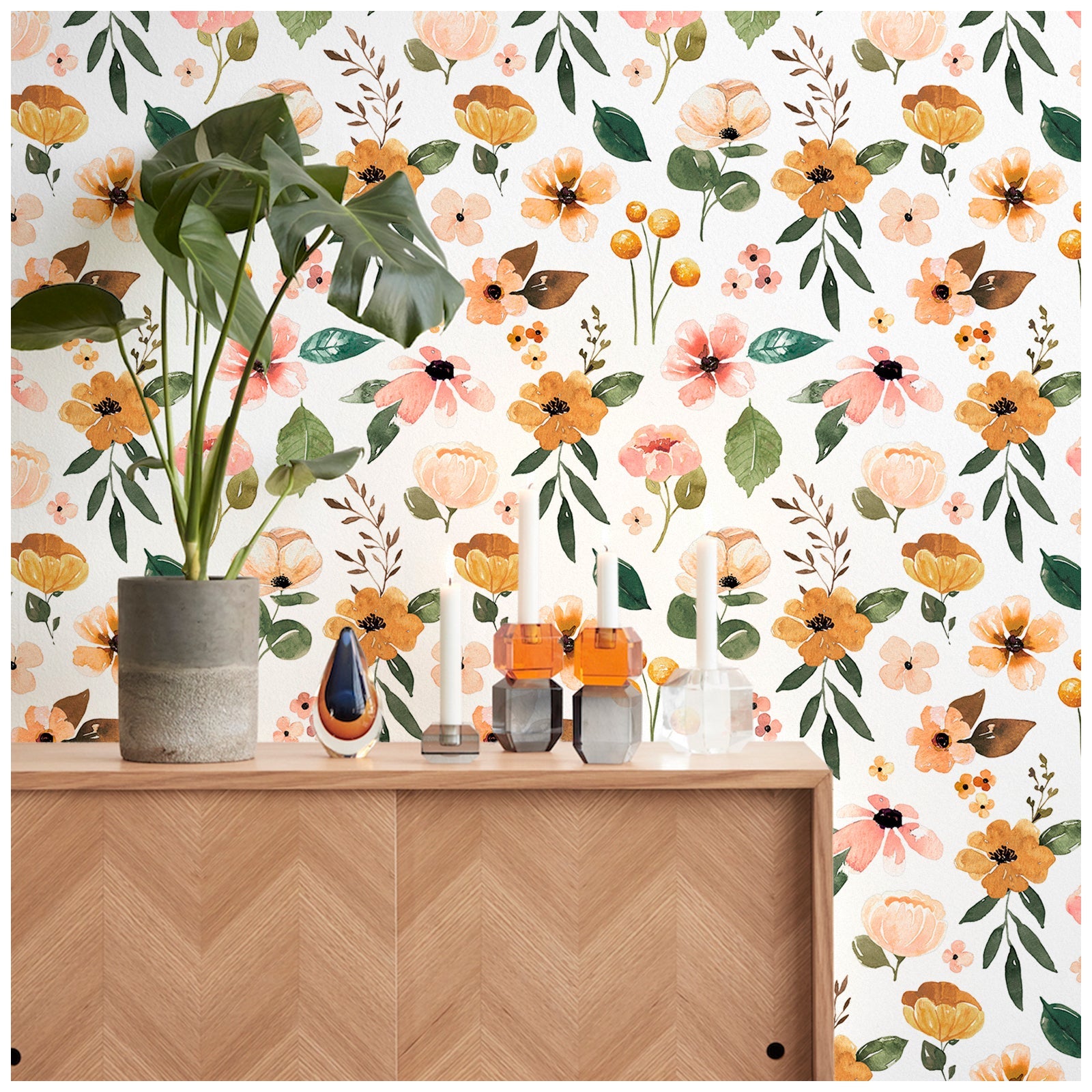 Floralplus Wallpaper Peel and Stick White Floral Boho Yellow Peach Green Watercolor Botanical Wall Decor Removable Self Adhesive Wall Mural for Bedroom Living Room Nursery Bathroom