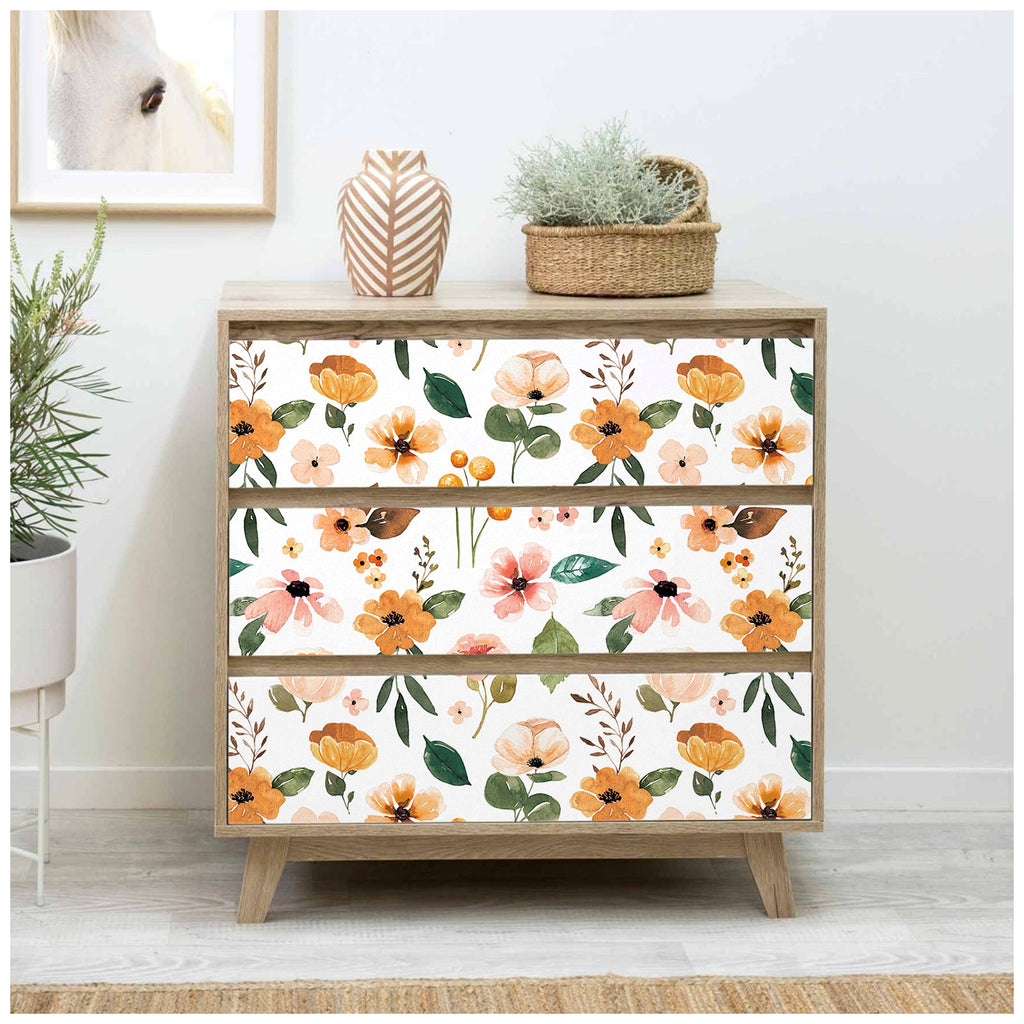 Floralplus Wallpaper Peel and Stick White Floral Boho Yellow Peach Green Watercolor Botanical Wall Decor Removable Self Adhesive Wall Mural for Bedroom Living Room Nursery Bathroom