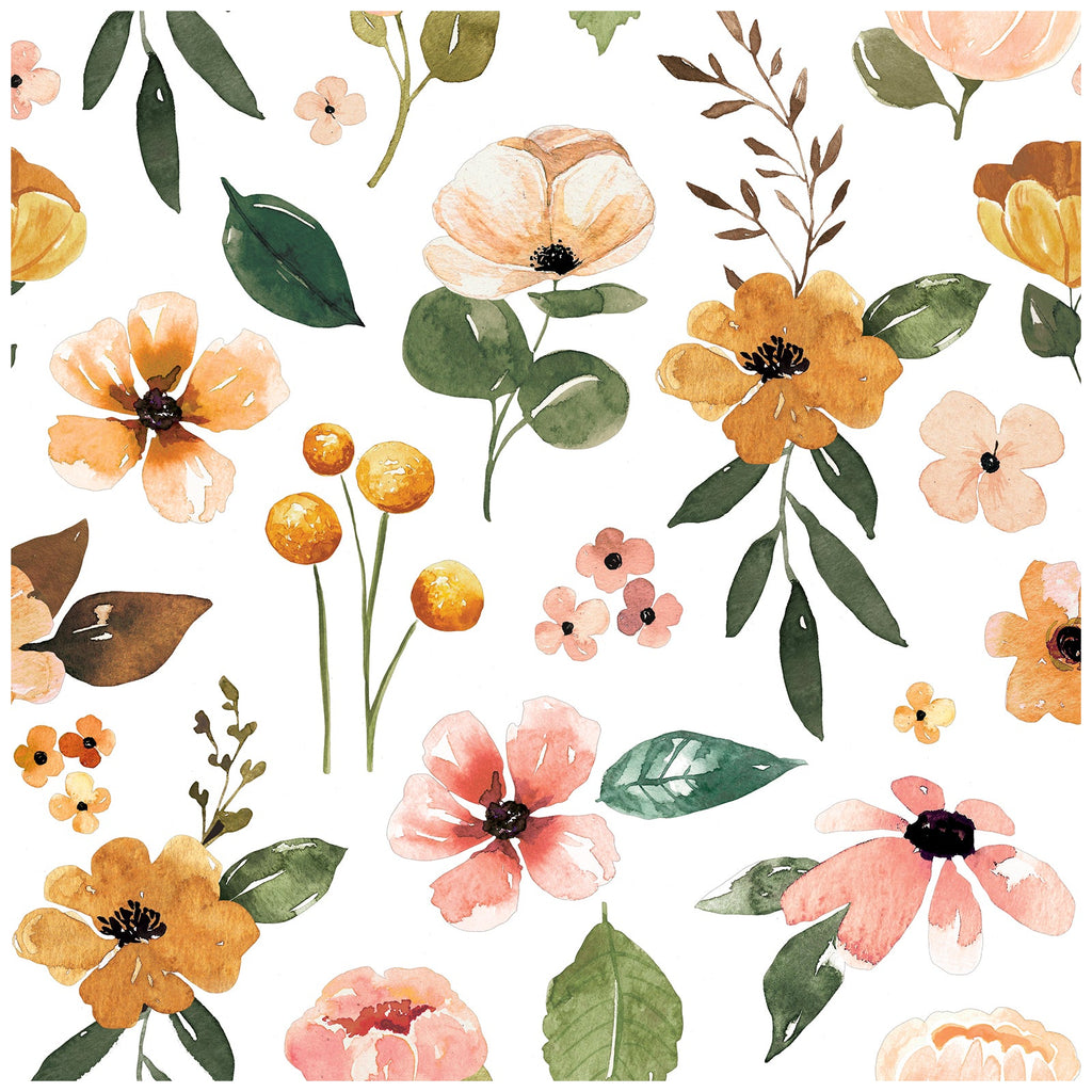 Floralplus Wallpaper Peel and Stick White Floral Boho Yellow Peach Green Watercolor Botanical Wall Decor Removable Self Adhesive Wall Mural for Bedroom Living Room Nursery Bathroom