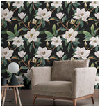 Floralplus Wallpaper Peel and Stick White Magnolia Floral Black Botanical Wall Decor Removable Self Adhesive Wall Mural for Bedroom Living Room Bathroom